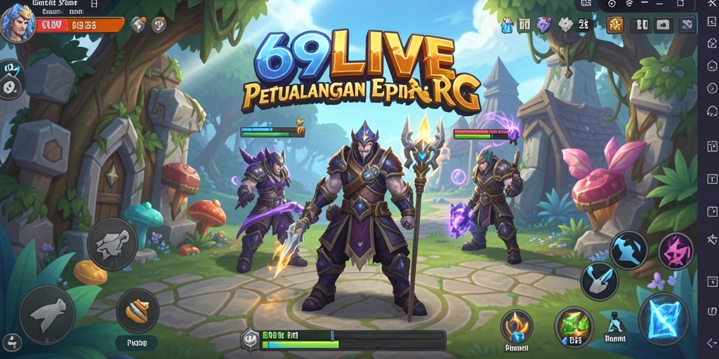 Tangkapan layar gameplay 69LIVE menampilkan pertarungan epik dan karakter unik.