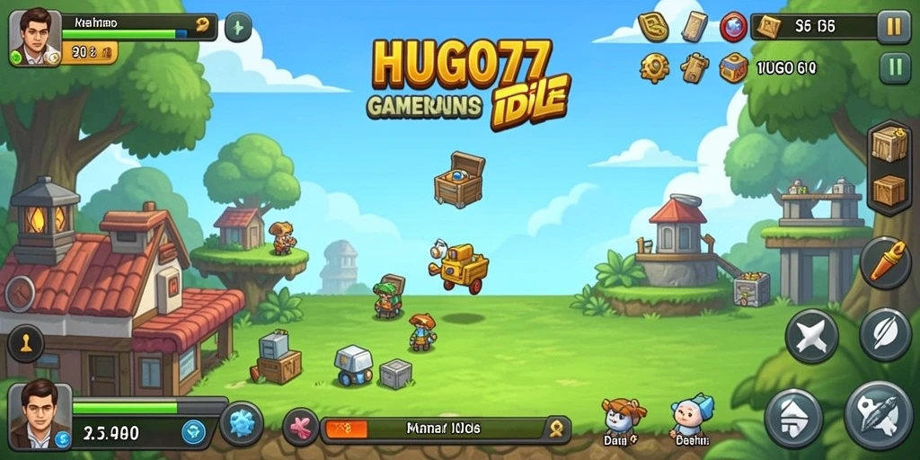 Tangkapan layar HUGO77 menampilkan gameplay santai dan karakter yang menarik.