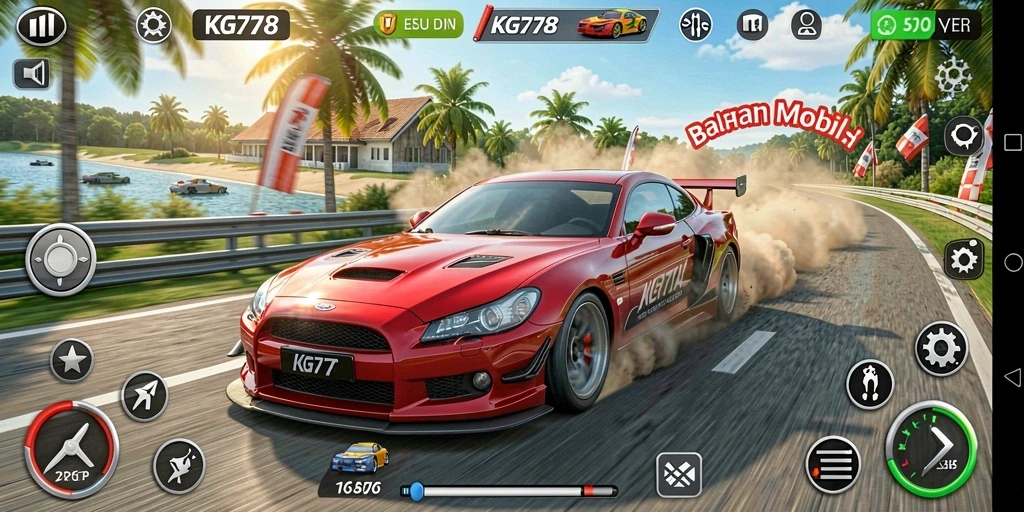 Screenshot utama KG778 menampilkan aksi balapan mendebarkan dengan mobil kecepatan tinggi.