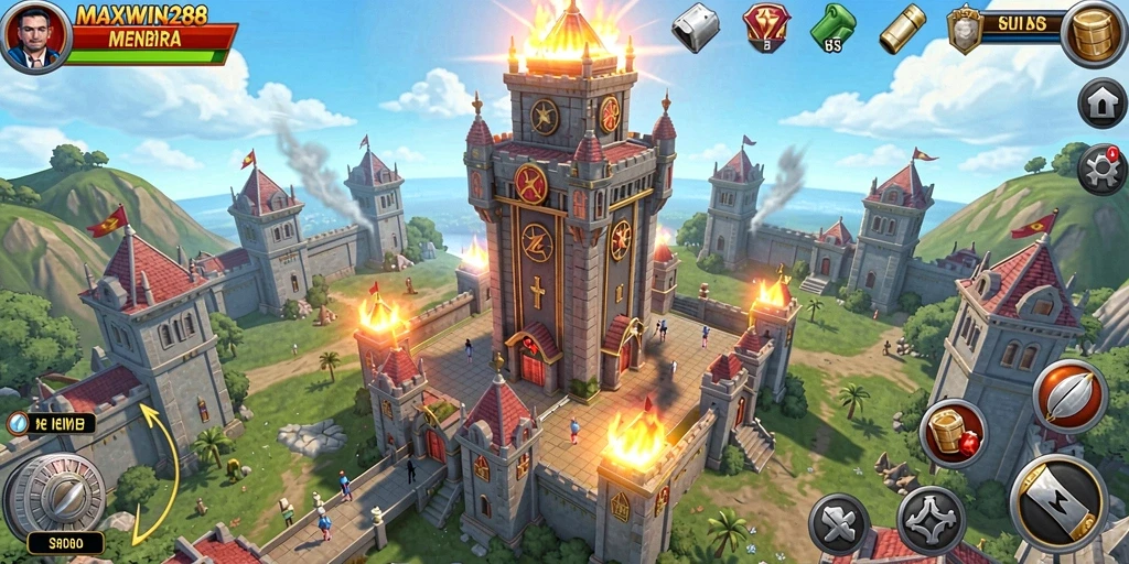 Screenshot gameplay MAXWIN288 dengan menara menyerang gelombang musuh.