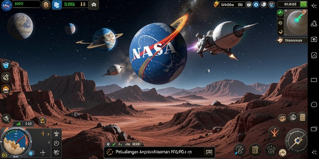 Screenshot utama NASA4D menunjukkan aksi mendebarkan dalam RPG luar angkasa.