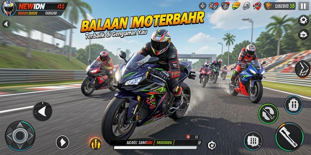 Gameplay balapan motor yang mendebarkan dengan lintasan beragam.