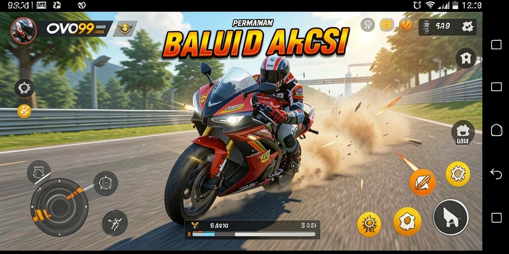 Screenshot gameplay OVO99 menampilkan aksi balap motor yang intens.