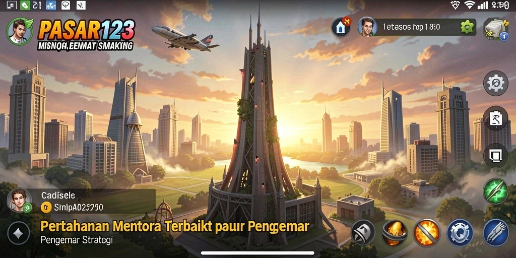 Tampilan gameplay PASAR123 menampilkan menara dan musuh yang sedang bertarung.