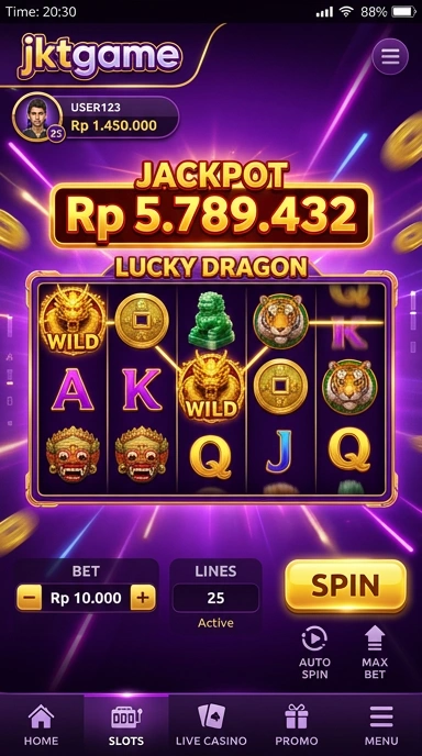 Tampilan antarmuka jktgame yang modern dan sederhana.